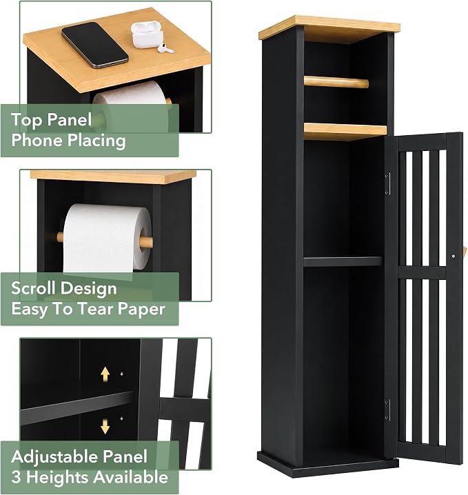 Narrow Bathroom Storage Cabinet with Toilet Paper Holder, Black - Image 3