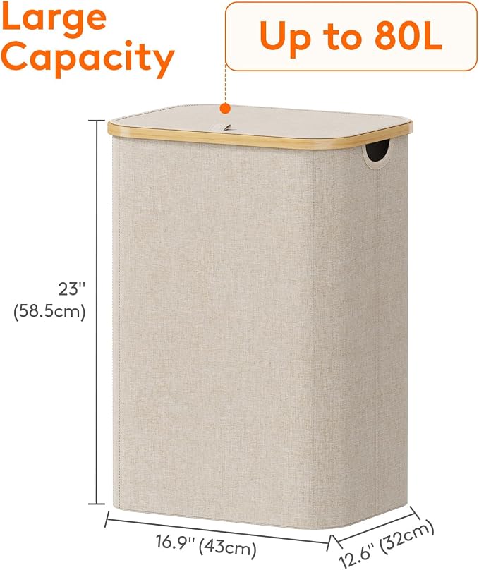 Lifewit 80L Large Laundry Basket with Lid, Removable Bags, Beige - Image 4