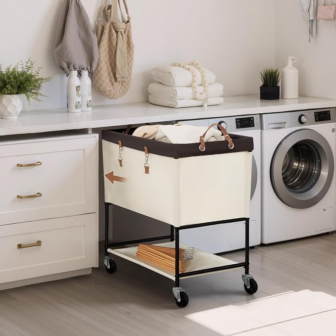 StorageWorks Laundry Cart, 2 Tier Rolling Basket with Wheels, 46 Gal, Beige - Image 7