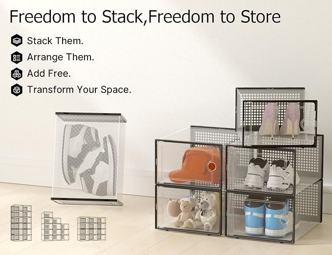 Kuject XX-Large Shoe Storage Boxes 12 Pack, Clear Stackable Shoe Organizer | Shoe Case for Closet, Entryway & Under-Bed Storage, Drop-Front Design, Space-Saving Solution for Family Organization,Black - Image 7