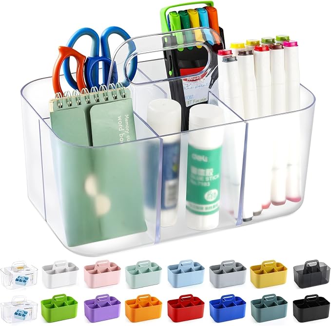 Multiuse Caddy Organizer with Handle, Portable Plastic Tote Bin - Art Craft, Stationary Pen Marker Crayons, Makeup Hair Supplies Storage - Bathroom, Classroom, Dorm, Office, Desk Holder -Frosted Clear by AOZITA