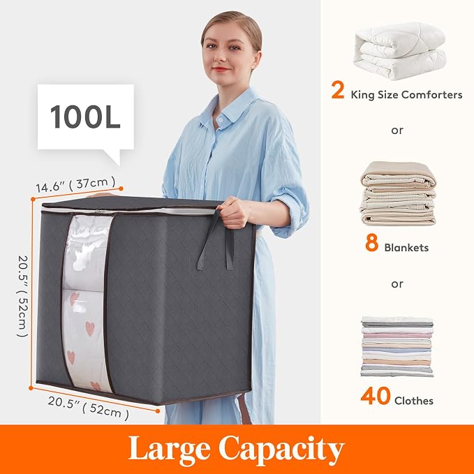 Lifewit 6 Pack 100L Clothes Storage Bins with Lids, Foldable Blanket Storage Bags with Zippers, Clear Window and Reinforced Handles, Closet and Organization for Clothing, Sweater, Comforter, Bedding - Image 2