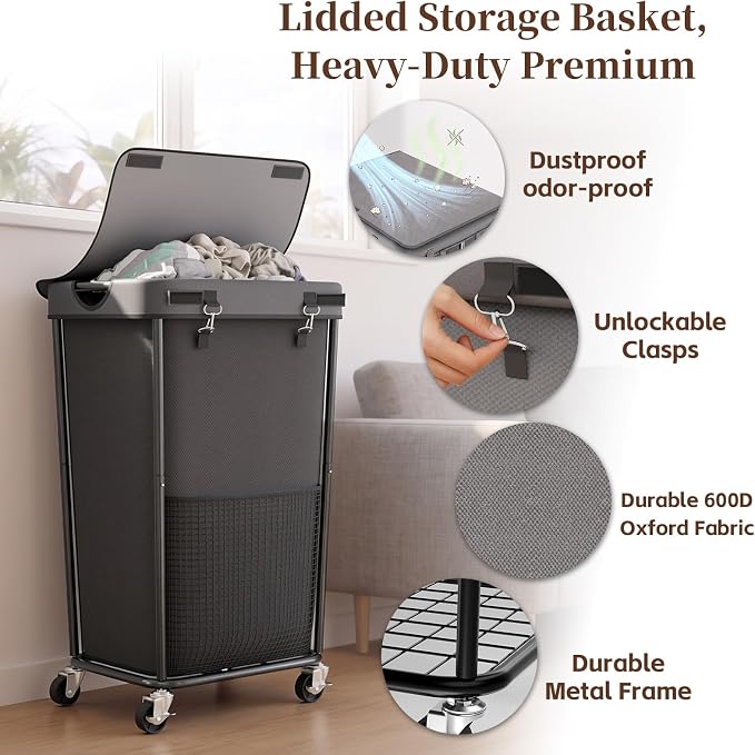 Laundry Hamper with Wheels and Lid, 110L Large Rolling Laundry Basket Gray - Image 4