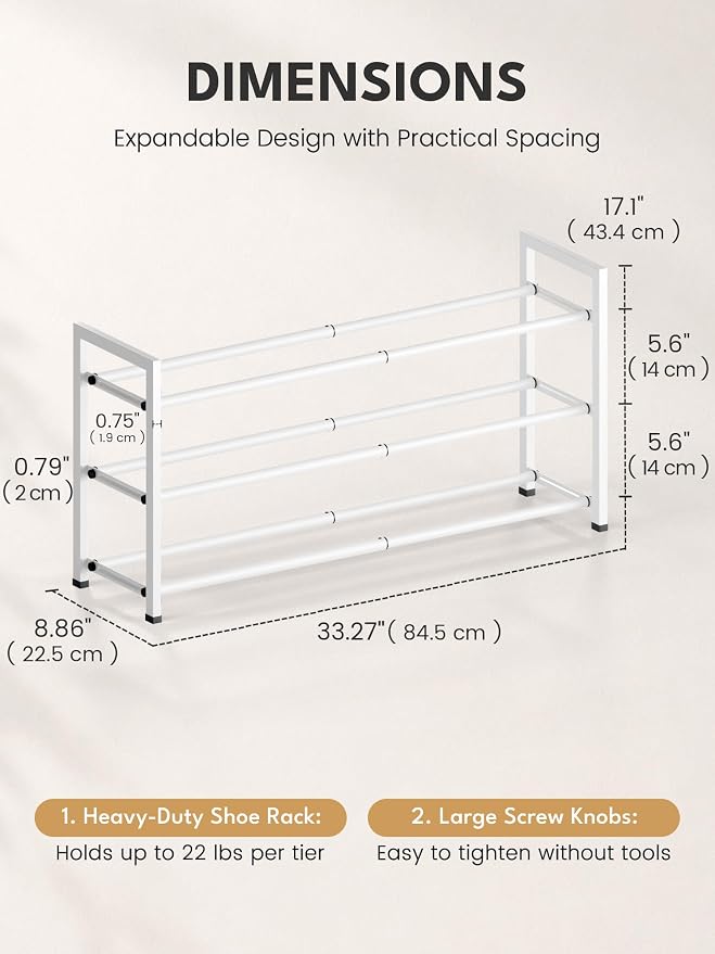 Bumusty 3 Tier Expandable Shoe Rack for Closet, White | 18"-33" Adjustable Shoe Rack for Entryway, Small Shoe Organizer for Dorm, Front Door, Sturdy Metal - Image 2