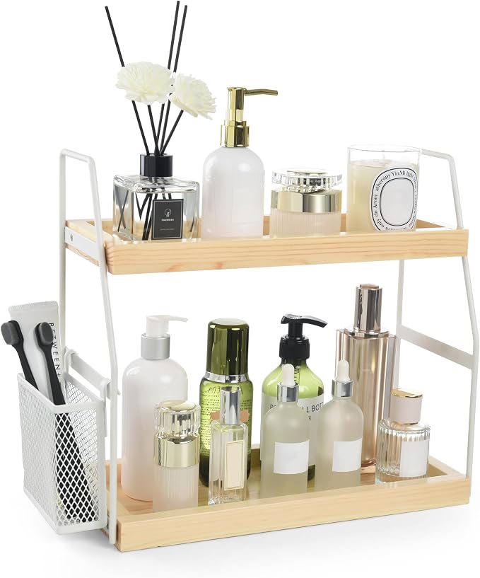 Bathroom Counter Organizer, 2-Tier Standing Storage Shelf with Basket, Wood Tray for Skincare Vanity Organizer(White) by Uneviesyka