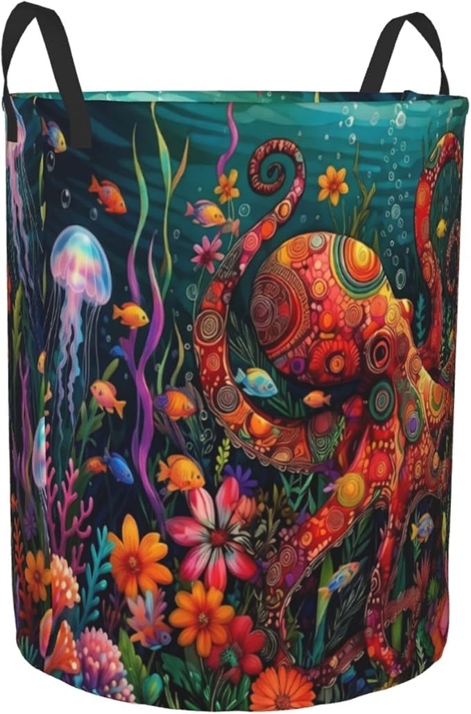 Octopus Flower Laundry Basket Foldable Laundry Hamper With Handles Clothes Storage Bucket Organizer Laundry Bag For Bedroom Bathroom Laundry Storage 19.6 x 15.7 - Image 9