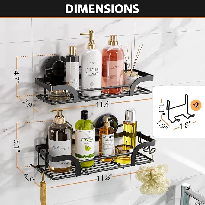 LEVERLOC Shower Caddy Suction Cup, 2 Pack Shower Shelves for Inside, Black - Image 7