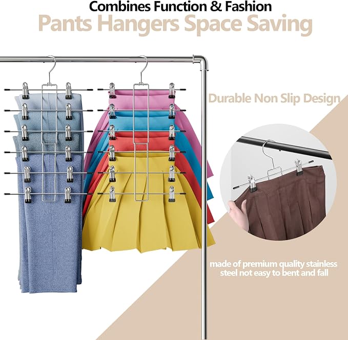 4 Pack Pants & Skirt Hangers Space Saving Hanging Closet Organizer and Storage, Upgrade Skirt Hangers with Clips and 360° Swivel Hook, Closet Storage - Image 4