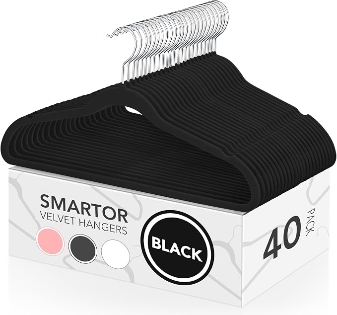 Black Velvet Hangers 40 Pack, Non Slip Felt Slim Hangers for Space Saving by Smartor