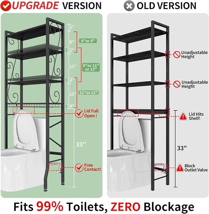 Over-The-Toilet Storage Rack 4-Tier,Bathroom Organizer Shelf Over Toilet,Adjustable Wooden Shelves and Basket,Freestanding Above Toilet Shelf,Space Saver for Rooms(Black Rack-Black Shelves) - Image 2
