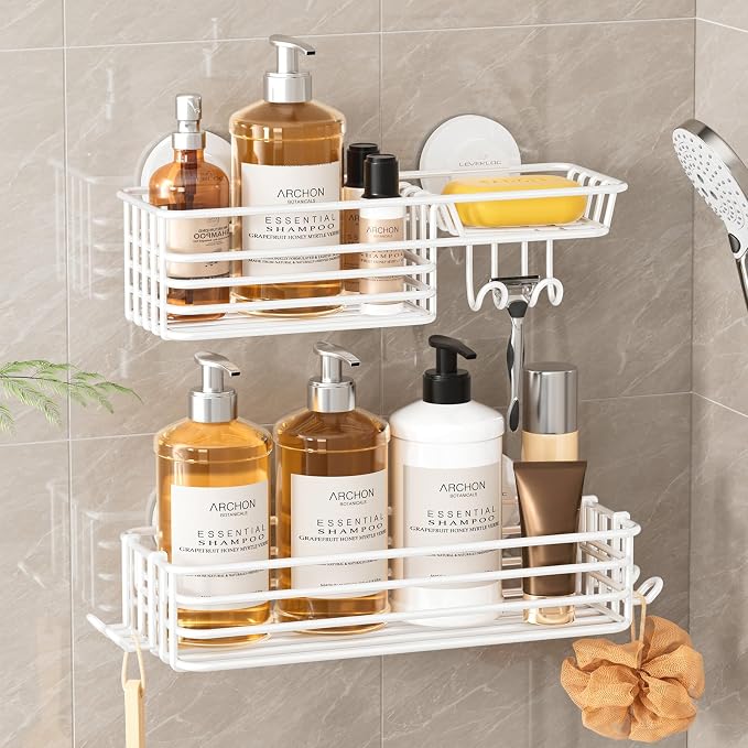 LEVERLOC Shower Caddy Suction Cup, 2 Pack Shelves for Inside with Hooks by LEVERLOC