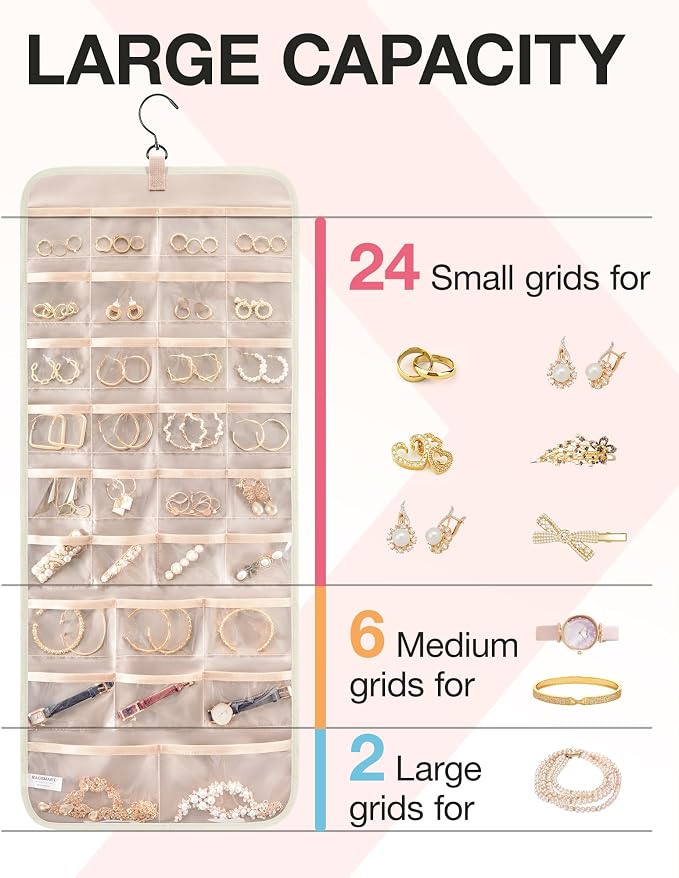 BAGSMART Hanging Jewelry Organizer Necklace/Earring/Ring 2-Sided L Beige - Image 3