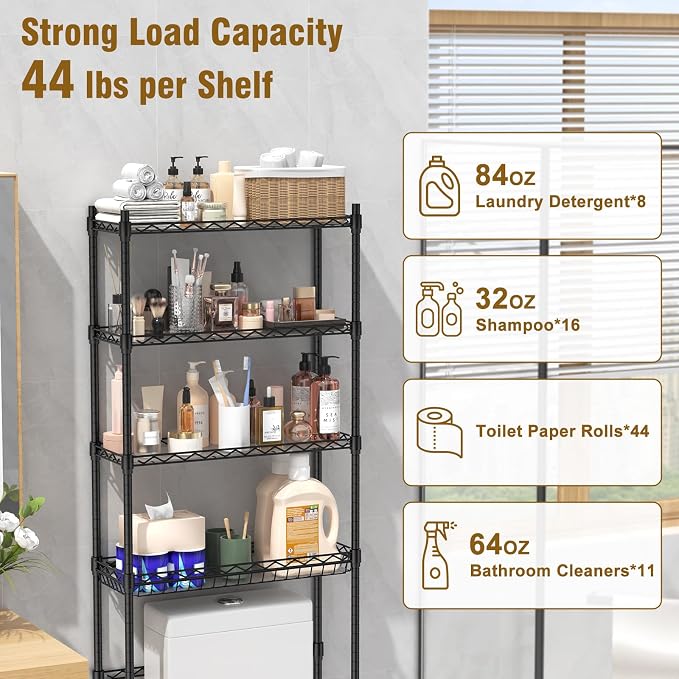 EAGMAK 4 Tier Over The Toilet Storage Rack, Bathroom Organizers and Storage Over Toilet with Adjustable Shelf and Basket, Above Toilet Storage Bathroom Cabinet for Small Space (Black) - Image 5