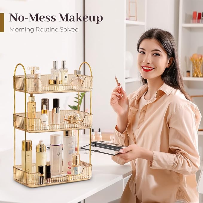 Bathroom Counter Organizer Countertop, 3 Tier Makeup Perfume Shelf Storage, Skincare Cosmetic Tray for Dresser Vanity - Gold - Image 2