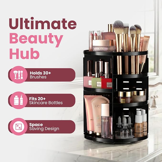 Masirs 360 Rotating Makeup Organizer Countertop, Adjustable Shelf, Black - Image 2
