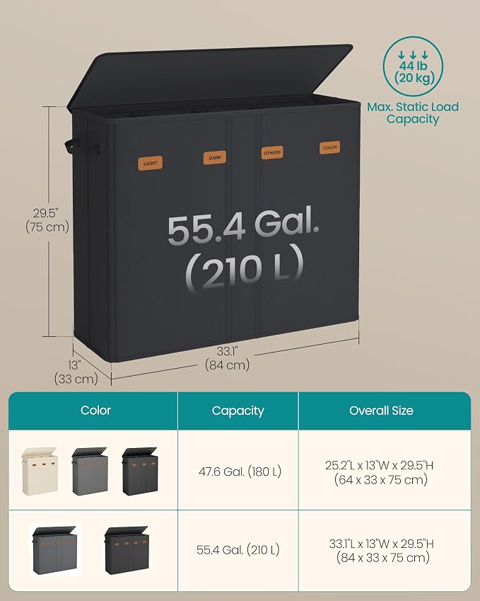 SONGMICS 210L Laundry Hamper, 4-Compartment Laundry Sorter with Lid - Image 6