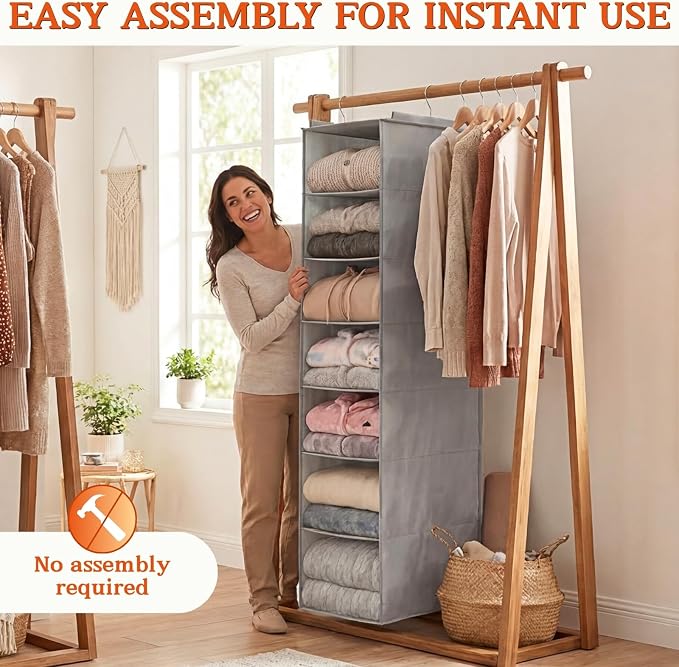 Deep Pocket Hanging Closet Organizer, 8 Tier Hanging Shoe Organizer | Adjustable Shelf Height Closet Organizers and Storage for Sweaters, Shoes, Hoodies & Blankets, Heavy Duty Hanging Shelves - Image 6