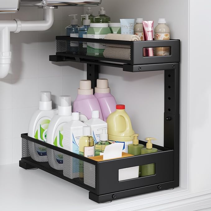 1 Pack-11.4"-16.14"H Under Sink Storage Organizer, Large 2-Tier Elegant Mesh Pull Out Shelf for Kitchen and Bathroom Cabinet Organization, L-Shaped and Adjustable Height Design for Maximum Space-Black by UnderSinkOrganizer