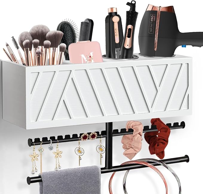 Rustic Hair Dryer Holder Wall Mounted,Hair Styling Tools & Accessories Organizer,Bathroom Supplies & hot Tools vanities Organizer Caddy,for Storage Flat Iron,Blow Dryer,Curling Iron,Towel by Ronjnndc