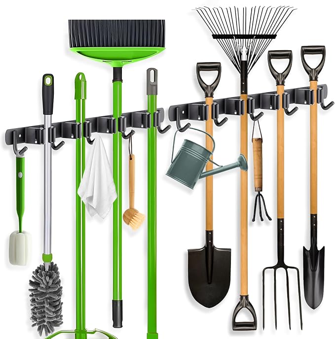 ZONGOOL 2 Pack Mop Broom Holder Wall Mount 4 Racks 5 Hooks Storage Black by ZONGOOLHouseware