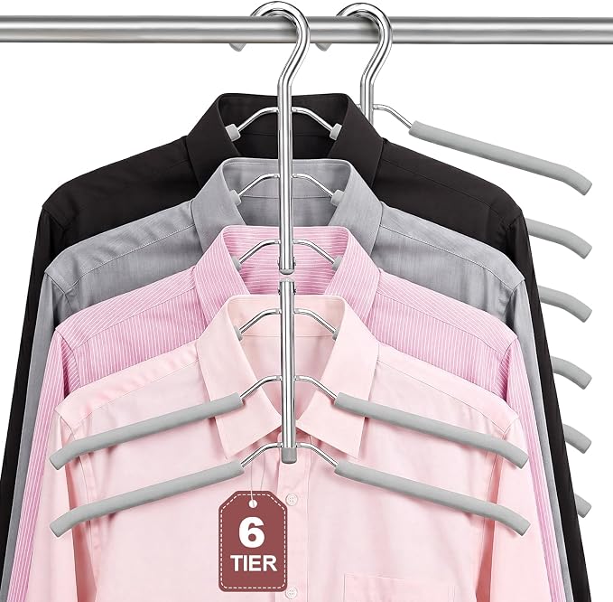 Space Saving Clothes Hangers,6 Tier Non Slip Shirt Hangers Closet Organizer | Space Saving Coat Hanger with Foam Padding,Closet Organizers and Storage for Shirts, Sweaters, Jackets, 2 Pack, Gray by DOIOWN