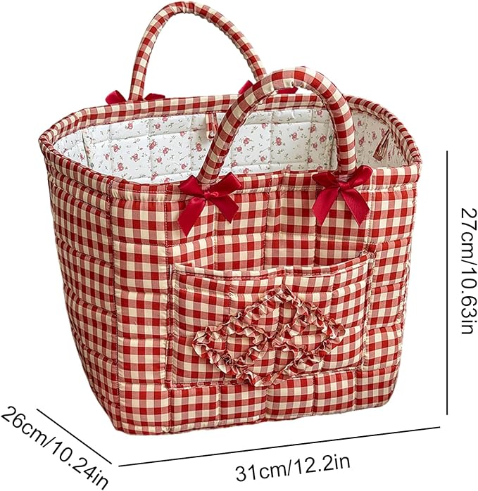 Storage Basket Boho Fabric Large Collapsible Floral Laundry Nursery Hamper Portable Folding Storage for Clothes Toys (Red Plaid) - Image 6
