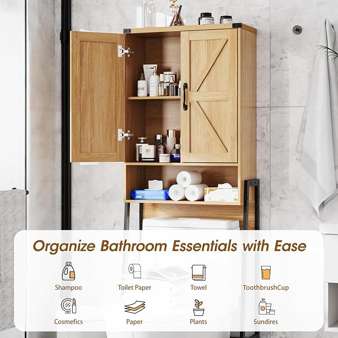 Vabches Over The Toilet Storage Cabinet with 2-Door Design Bathroom Organizers and Storage with Anti-Tip Device Over Toilet Organizer with Shelves for Bathroom,Restroom,Laundry Natural - Image 5