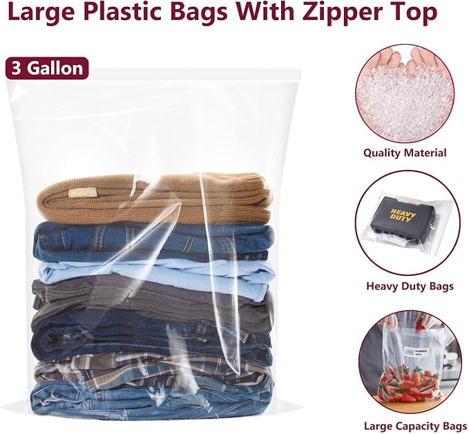Large Plastic Bags With Zipper Top,3 Gallon,16" x 18",20 Pack,Extra Large Storage Packing for Clothes,Travel, Moving, Large Reusable bags,Heavy-Duty,BPA-Free, 2-mil Thick Clear Plastic - Image 3