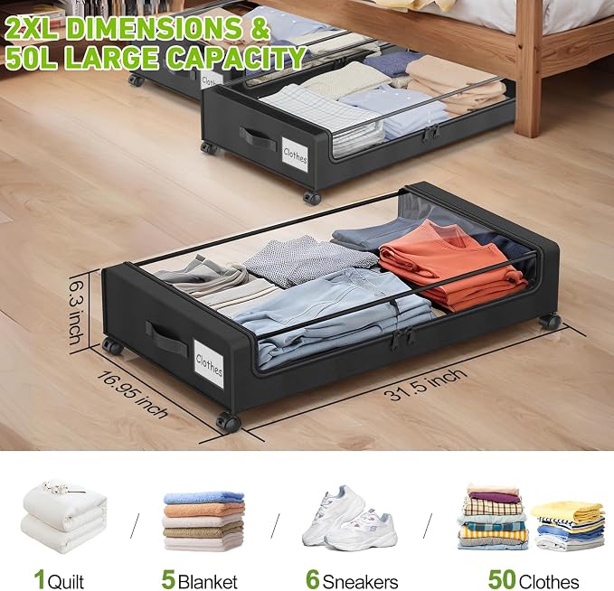 Molutsody Under Bed Storage with Wheels, 2-Pack Underbed Storage Containers with Clear Lids, Under Bed Shoe Storage Organizer, Rolling Under the Bed Storage Bins for Clothes Shoes Blankets (Black) - Image 2