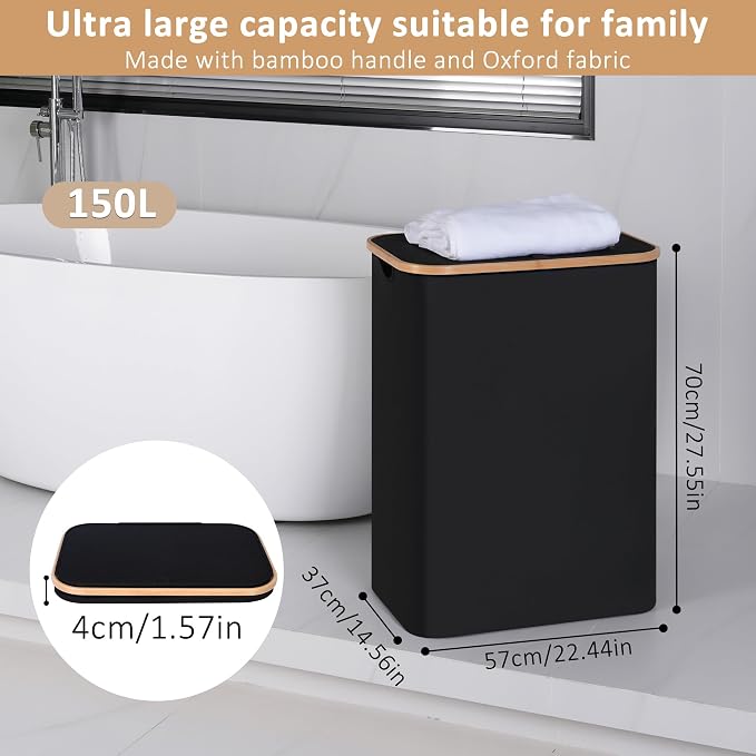 IEGrow Laundry Hamper with Lid,150L Laundry Basket with 2 Mesh Bags,Black - Image 2