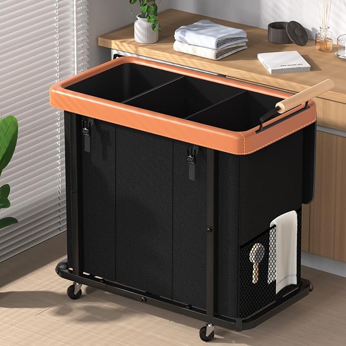Rolling Laundry Hamper with Wheels, Laundry Hamper 3 Section with Lid Black by ELOWEN