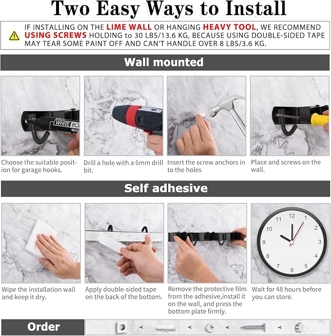 2 Pack Black Broom Holder Wall Mount, 5 Racks 4 Hooks Mop and Broom Holder - Image 5