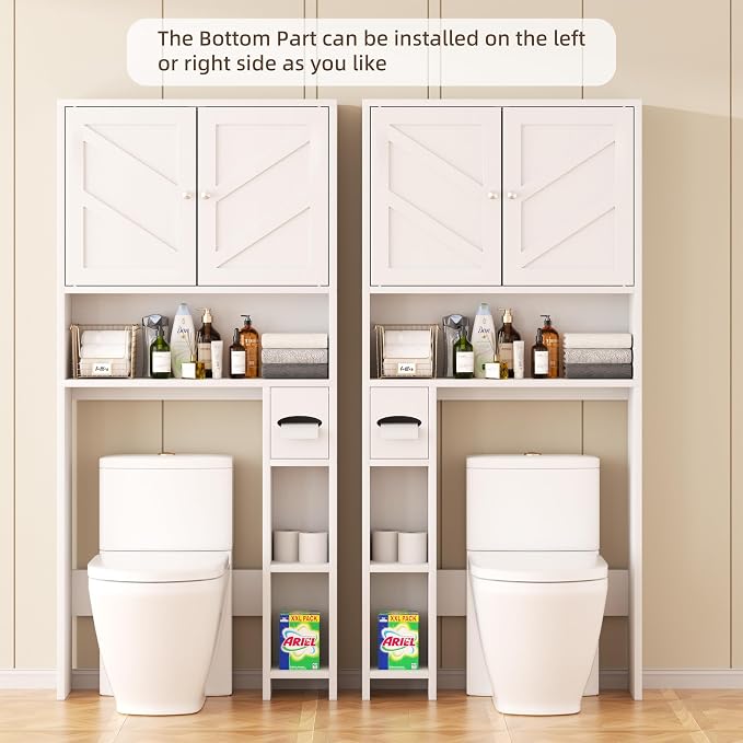 Shintenchi Over the Toilet Storage Cabinet, Bathroom Storage Cabient with Barn Doors, Bathroom Storage Shelf Organizer with Toilet Paper Holder, Adjustable Shelf and Anti-Tip Device, White - Image 7