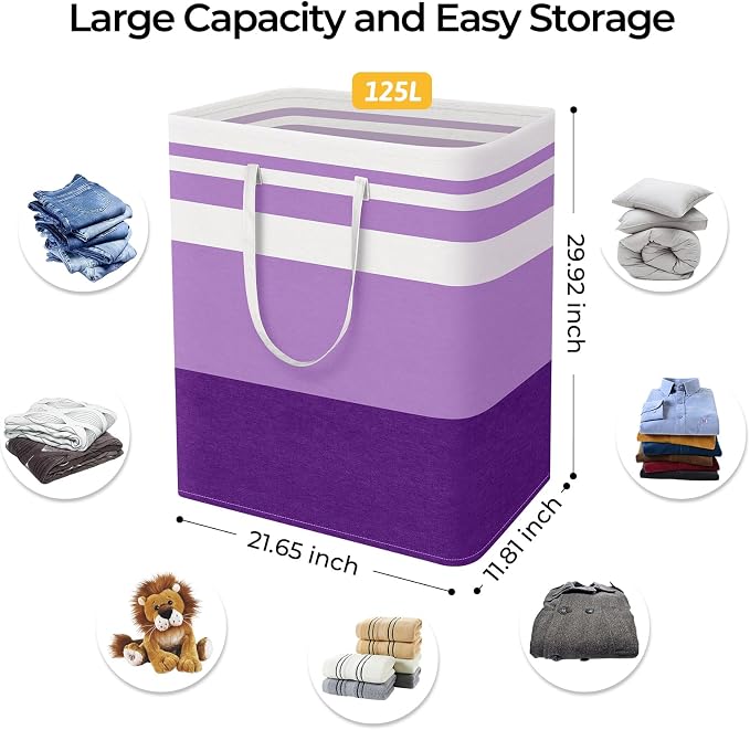 HomeHacks 2 Pack Laundry Baskets, Laundry Hampers Bags (Purple 125Lx2) | Waterproof, Freestanding, Collapsible Clothes Hamper with Reinforced Handles in Laundry Room, Dorm, Bathroom, Bedroom - Image 4