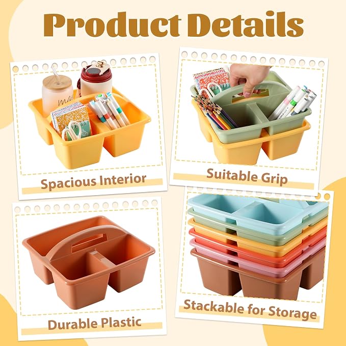 6 Pack Plastic Classroom Organizer Caddy with Handle, Boho - Image 3