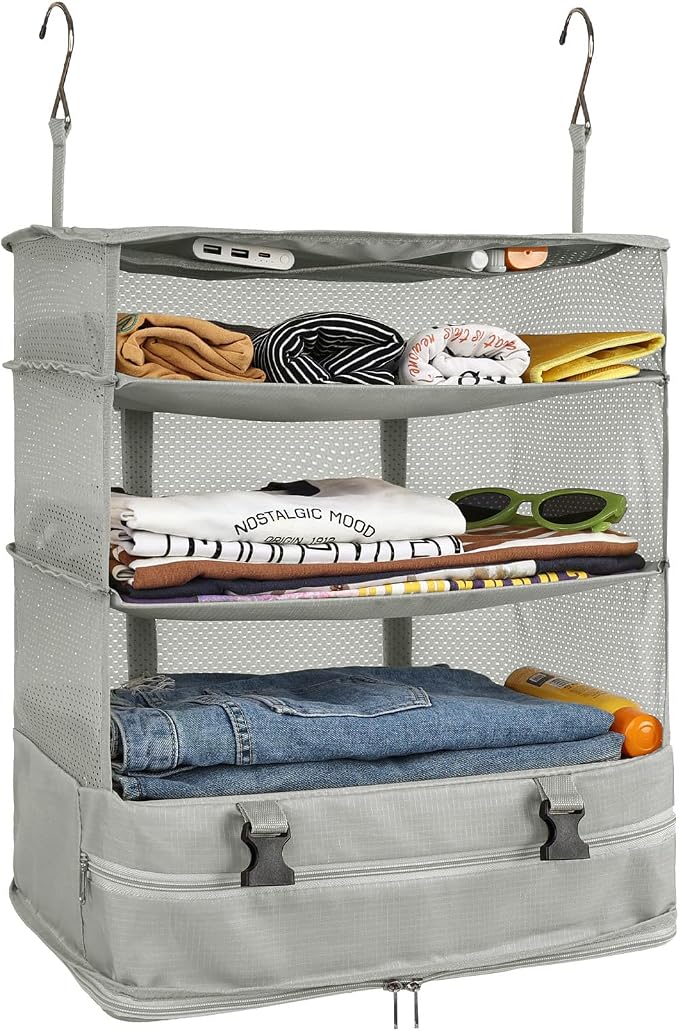 Surblue Hanging Closet Storage Bag Collapsible 3-Shelf Washable Oxford Fabric with 2 Hooks (XL 17.71 * 11.81 * 20in, Light Gray) by SURBLUE