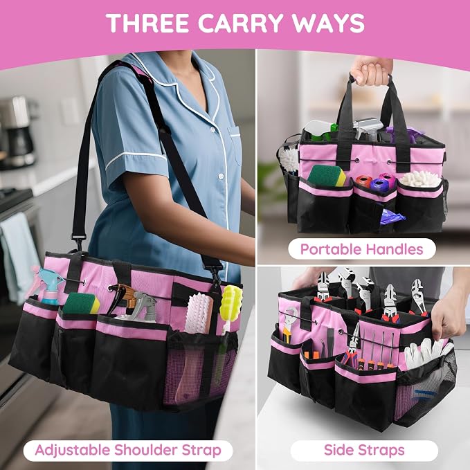 ZKOO Large Cleaning Caddy Bag with Handle, Built-in Sturdy Support Board, Adjustable Shoulder Strap, Multi-compartment Design Cleaning Supply Tote for Cleaners & Housekeepers (Pink) - Image 6