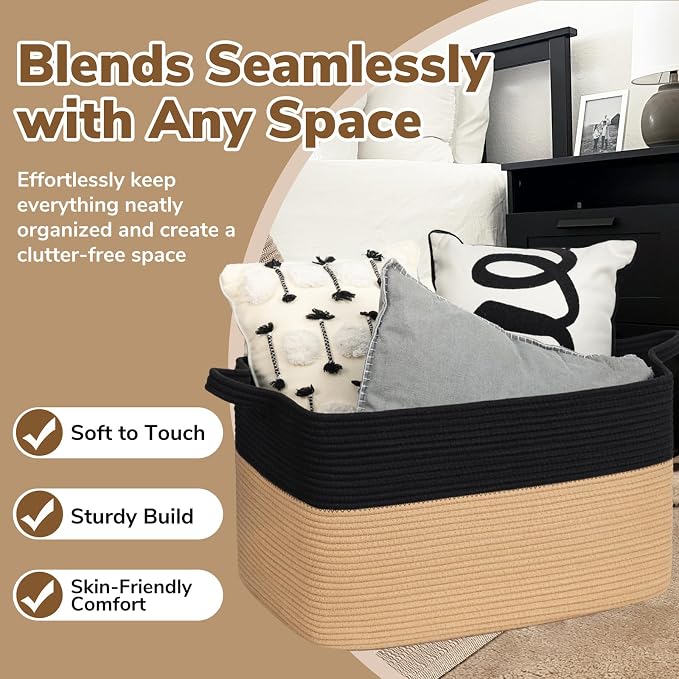 Goodpick 85L Large Woven Rope Blanket Basket, Rectangle, Black & Camel - Image 5