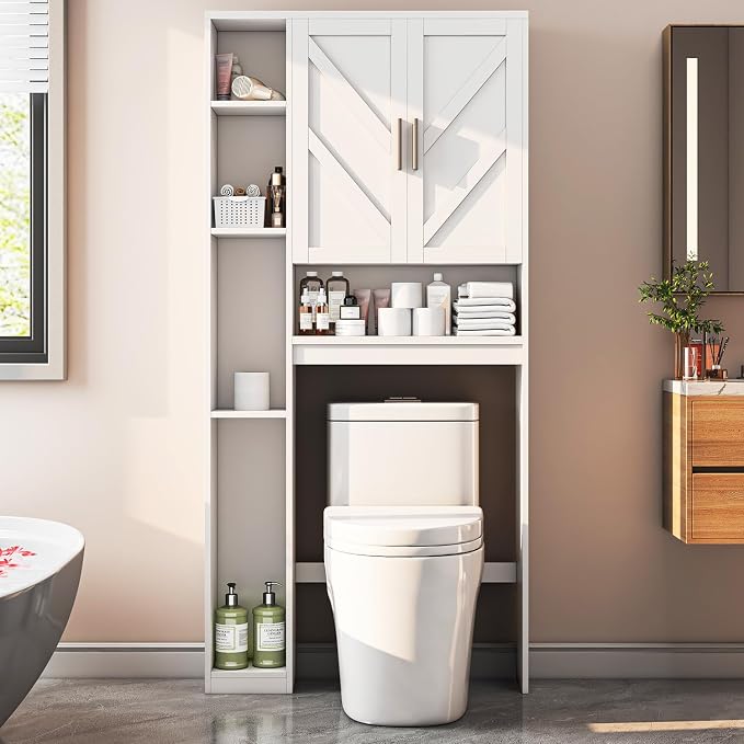 Over The Toilet Storage Cabinet with 7 Storage Shelves, Above Toilet Bathroom Organizer with Toilet Paper Holder Stand, Behind Toilet Cabinet, Space Saver for Restroom, Bathroom, Laundry, White - Image 5