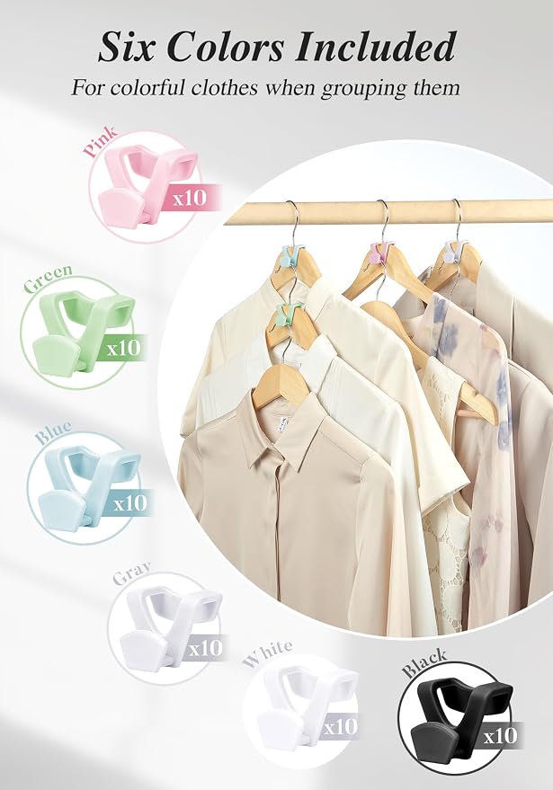 HOUSE DAY Closet Organizers and Storage 60 Pack, Space Saving Hanger | College Dorm Essentials for Girls, Multicolored Clothes Hangers Connectors, Dorm Rooms Space Saver Multicolored - Image 5