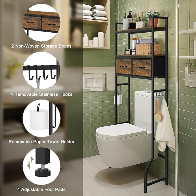 ETELI Over The Toilet Storage Cabinet Bathroom Storage Cabinet Over Toilet Fit Most Toilets Above Toilet Shelf Bathroom Shelf Organizer with Fabric Drawers, Rustic Brown - Image 4
