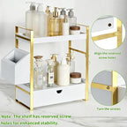 2-Tier Bathroom Counter Organizer, Wooden Vanity Shelf with Drawer & Basket - Image 4