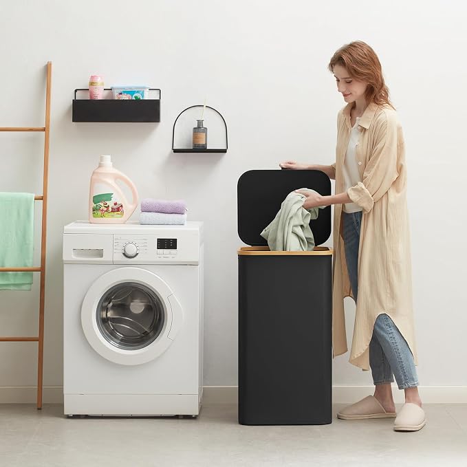 Lifewit 105L Large Laundry Basket with Lid, Removable Bags, Black - Image 2