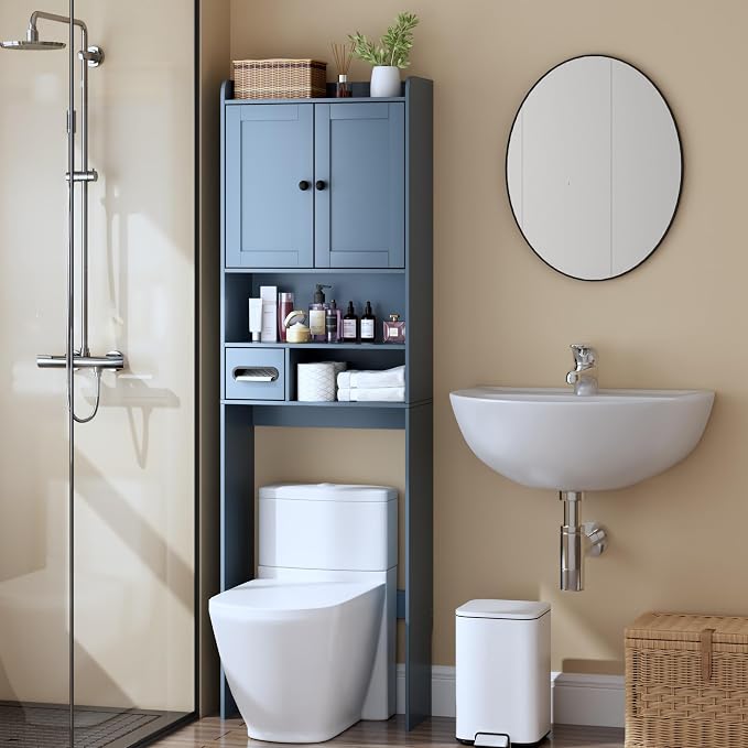 Over the Toilet Storage Cabinet,Tall Slim Bathroom Organizer with Doors, Adjustable Shelves & Built-in Toilet Paper Holder, Space-Saving Above Toilet Cabinet for Small Bathroom (Navy Blue) by Nivisre