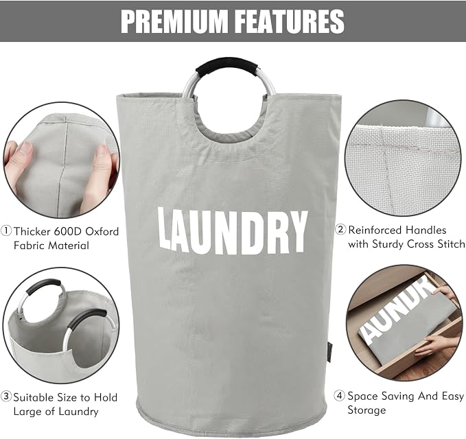 DOKEHOM 160L XX-Large Laundry Basket Bag, Collapsible Tall Hamper, Grey - Image 6