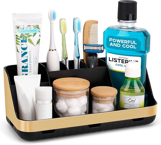 GFWARE Gold Toothbrush Holders for Bathrooms Countertop Organizer - Detachable 7 Slots Electric Toothbrush and Toothpaste Holder, Kids Organization and Storage, Restroom Accessories Vanity Stuff by GFWARE