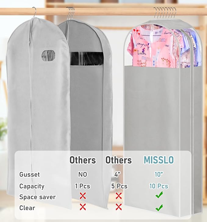 MISSLO 10" Gusseted Garment Bags for Hanging Clothes 40"+50" Clear Suit Bags for Closet Storage Dress Bag for Gowns Long Coat Protector, 3 Packs, Grey - Image 3