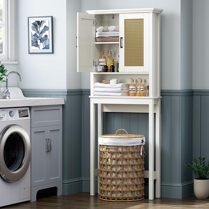 Over The Toilet Storage Cabinet, Over Toilet Storage Cabinet with Rattan Door and Anti-Tip, Above the Toilet Storage for Bathroom Behind the Toilet Bathroom Organizer, Rattan - Image 5
