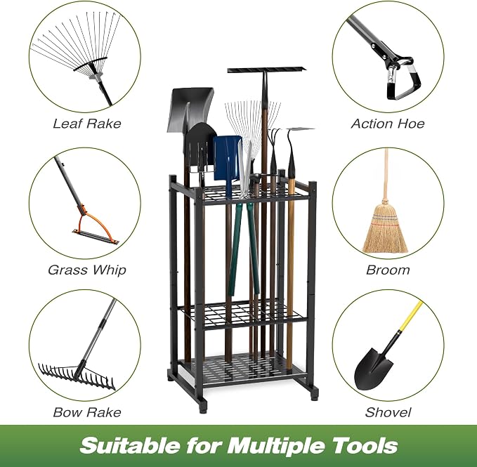 Garden Tool Organizer, Garage Tool Organizer & Garage Organization, Heavy Duty Steel Tool Storage Rack Holds 35 Rakes, Brooms Tools, Broom Holder and Mop Holder, Shed Organizer for Home Organization - Image 6