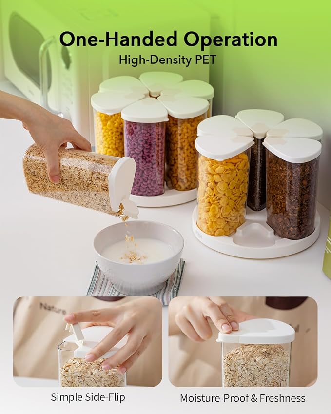 Ankou Rotating Food Storage Containers Set of 6, 23oz (690ml) Clear PET Jars with Dual Pour Lids, 360° Lazy Susan Pantry Organizer for Snacks, Cereal, Nuts, Oats & Dry Foods, Kitchen Grain Dispenser - Image 5